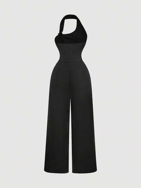 SHEIN MOD جمبسوت أسود مزين بشريط معدني وخصر مجعد، ليلة رأس السنة، ملابس عيد الميلاد، ملابس شتوية للنساء، ملابس للحفلات، ملابس ، التخرج، جمبسوت أنيق للنساء، جمبسوت نسائي أنيق