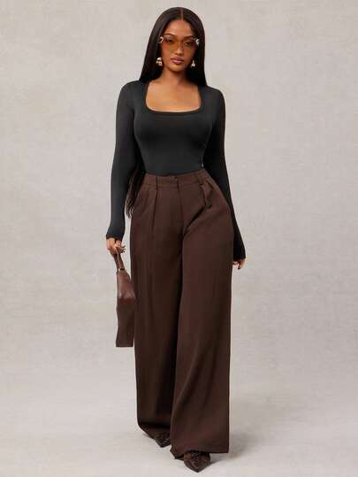Radiana بنطلون نسائي عريض الساق بتصميم بسيط بلون بني داكن، بنطلون واسع الساق بني للنساء ذو خصر عالي مناسب للارتداء في فصلي الخريف والشتاء