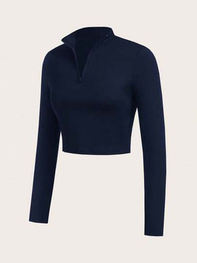 SHEIN Essnce مجموعة بدلة رياضية نسائية مكونة من 3 قطع، تي شيرت كم طويل رقبة مزيفة مع سحاب جزئي، حمالة صدر رياضية وكامي، بنطلون ضيق بخصر عالي، مجموعة نسائية مكونة من 3 قطع، بنطلون ضيق وبوستيه وأوفرول