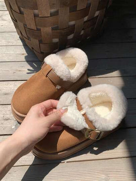 XIXITIAO زوج من الأحذية الشتوية المبطنة بالحرارة مع إبزيم، بوت ثلج مريحة، بوت منزلية ذات لون أحادي عصري ومتعدد الاستخدامات، ذات قاع ناعم، بوت منزلية مبطنة بالفرو الرجعي