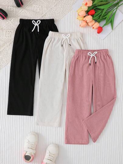 SHEIN 3 قطع/طقم بنطلونات كاجوال مريحة للبنات باللون الأبيض والبني والأسود، خصر مطاطي مزين بفيونكة، قماش مخمل، ساق مستقيمة، مناسبة للربيع والخريف