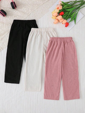 SHEIN 3 قطع/طقم بنطلونات كاجوال مريحة للبنات باللون الأبيض والبني والأسود، خصر مطاطي مزين بفيونكة، قماش مخمل، ساق مستقيمة، مناسبة للربيع والخريف