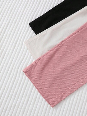 SHEIN 3 قطع/طقم بنطلونات كاجوال مريحة للبنات باللون الأبيض والبني والأسود، خصر مطاطي مزين بفيونكة، قماش مخمل، ساق مستقيمة، مناسبة للربيع والخريف