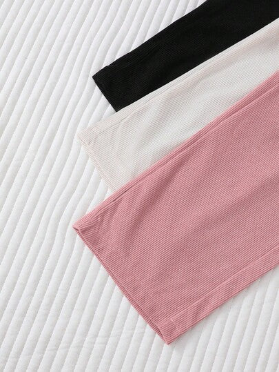 SHEIN 3 قطع/طقم بنطلونات كاجوال مريحة للبنات باللون الأبيض والبني والأسود، خصر مطاطي مزين بفيونكة، قماش مخمل، ساق مستقيمة، مناسبة للربيع والخريف