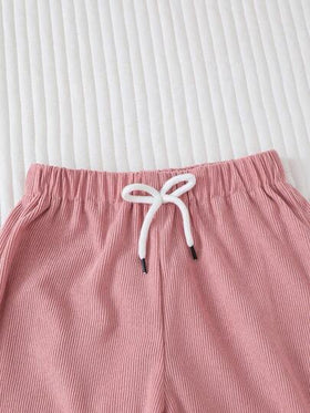 SHEIN 3 قطع/طقم بنطلونات كاجوال مريحة للبنات باللون الأبيض والبني والأسود، خصر مطاطي مزين بفيونكة، قماش مخمل، ساق مستقيمة، مناسبة للربيع والخريف