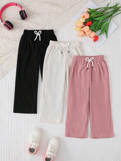 SHEIN 3 قطع/طقم بنطلونات كاجوال مريحة للبنات باللون الأبيض والبني والأسود، خصر مطاطي مزين بفيونكة، قماش مخمل، ساق مستقيمة، مناسبة للربيع والخريف