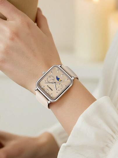ساعة كوارتز نسائية بسوار سيليكون مربع بتصميم بسيط، مناسبة للارتداء اليومي قطعة واحدة
