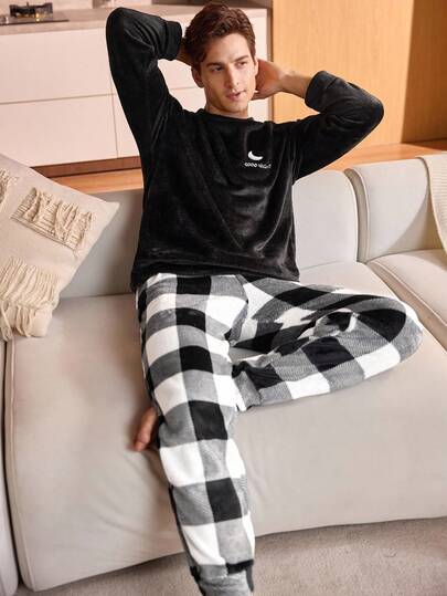 Manfinity Underwear&Sleepwear Basics مجموعة بيجامة رجالية من قطعتين (ملابس علوية كم طويل رقبة طاقم وبنطلون) من الفلانيل الناعم والمريح، ملابس خريف وشتاء دافئة