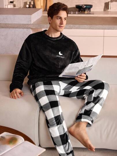 Manfinity Underwear&Sleepwear Basics مجموعة بيجامة رجالية من قطعتين (ملابس علوية كم طويل رقبة طاقم وبنطلون) من الفلانيل الناعم والمريح، ملابس خريف وشتاء دافئة