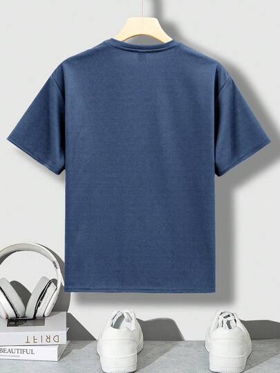 SHEIN ملابس علوية كاجوال للمراهقين بأكمام قصيرة منسدلة مع نص إنجليزي مُنقّش ثلاثي الأبعاد