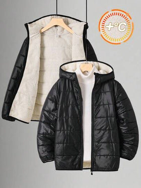 SHEIN معطف ذو رداء أسود فليس بغطاء للأولاد، مبطن ومبزر بسحاب، كاجوال وعصري يناسب المناسبات المختلفة، ناعم ودافيء، مناسب للعب في الثلج والخروج في الشتاء