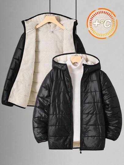 SHEIN معطف ذو رداء أسود فليس بغطاء للأولاد، مبطن ومبزر بسحاب، كاجوال وعصري يناسب المناسبات المختلفة، ناعم ودافيء، مناسب للعب في الثلج والخروج في الشتاء