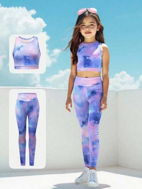 SHEIN طقم بنطلون ولباس علوي يوغا للبنات المراهقات مع طباعة صبغ التايلند، بملابس رياضية ناعمة وقابلة للتنفس