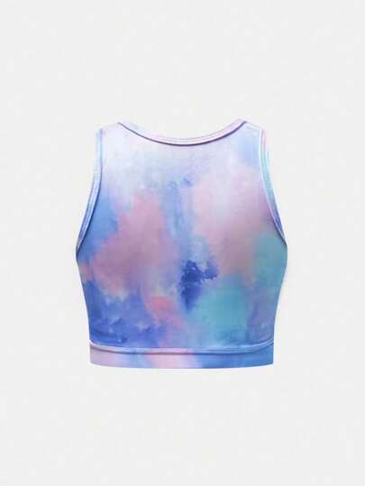 SHEIN طقم بنطلون ولباس علوي يوغا للبنات المراهقات مع طباعة صبغ التايلند، بملابس رياضية ناعمة وقابلة للتنفس