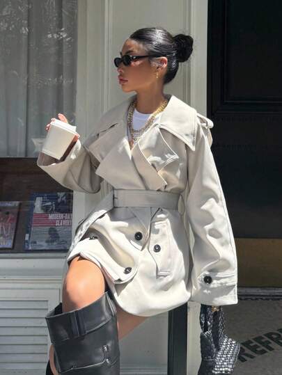 Muchica معطف ترنش أنيق وأنثوي مزدوج الصدر مربوط بحزام على الطراز الفرنسي للنساء، معطف ترنش للنساء في فصل الخريف/الشتاء