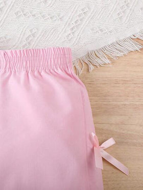SHEIN بنطلون طويل أنيق للبنات، بنطلون رياضي فضفاض بخصر عالي وساق واسعة باللون الوردي مزين بفيونكة، مناسب للربيع والصيف، بنطلون رياضي جديد للبنات الصغيرات