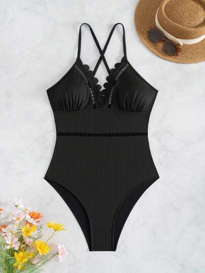 Swim Basics بدلة سباحة قطعة واحدة مبتكرة بتصميم البتلة المجوفة والضلوع الصغيرة للنساء في العطلات الشاطئية