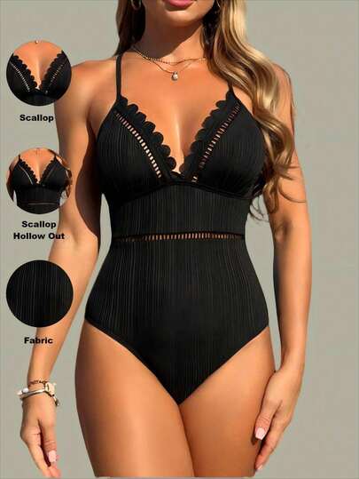 Swim Basics بدلة سباحة قطعة واحدة مبتكرة بتصميم البتلة المجوفة والضلوع الصغيرة للنساء في العطلات الشاطئية
