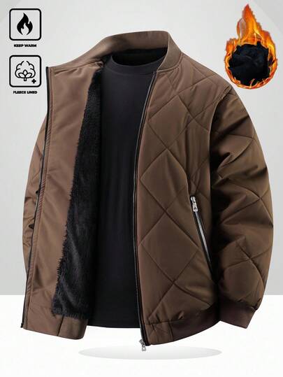 Manfinity Homme معطف شتوي مبطن بالقطن المبطن بالسحاب للرجال كبار الحجم، أكمام طويلة، لون بني ثابت، تصميم أزياء بجيوب سحاب، مناسب للارتداء اليومي العادي، رحلات نهاية الأسبوع، الأنشطة الخارجية، السفر والبيئة العمل المريحة، رحلات العمل، هدية مثالية للحبيب أو