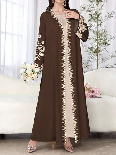 SHEIN Najma كارديجان نسائي كاجوال بأكمام طويلة وطبعات زهرية، عباءة أنيقة بطراز عربي، للربيع والخريف