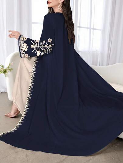 SHEIN Najma عباية كارديجان أنيقة سوداء مطبوعة بالزهور للنساء، بأكمام طويلة، مناسبة للربيع والخريف