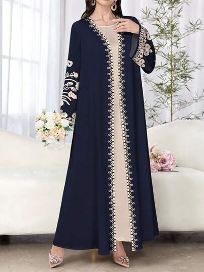 SHEIN Najma عباية كارديجان أنيقة سوداء مطبوعة بالزهور للنساء، بأكمام طويلة، مناسبة للربيع والخريف