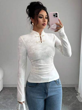 Elenzga تي شيرت طويل الأكمام مصنوع من جاكار ذو لون قوي، متناسق وأنيق للنساء