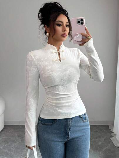 Elenzga تي شيرت طويل الأكمام مصنوع من جاكار ذو لون قوي، متناسق وأنيق للنساء