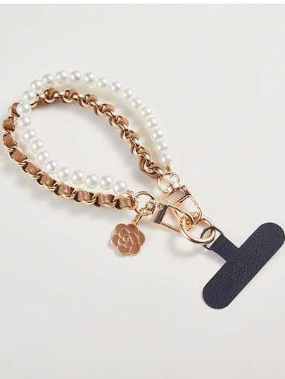 1 قطعة سلسلة هاتف مع قلادة لؤلؤية عطرية فاخرة وكلاسيكية + سوار هاتف مع مشبك، مناسب لجميع أنواع أغطية الهواتف والمفاتيح