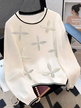 INAWLY T-shirt محبوك مزين بالراين ستون والخرز بياقة مستديرة للنساء