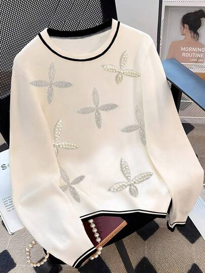 INAWLY T-shirt محبوك مزين بالراين ستون والخرز بياقة مستديرة للنساء