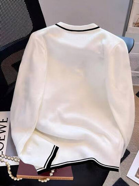INAWLY T-shirt محبوك مزين بالراين ستون والخرز بياقة مستديرة للنساء