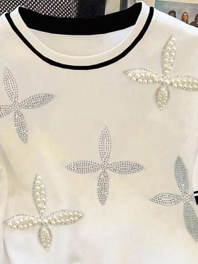 INAWLY T-shirt محبوك مزين بالراين ستون والخرز بياقة مستديرة للنساء