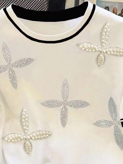 INAWLY T-shirt محبوك مزين بالراين ستون والخرز بياقة مستديرة للنساء