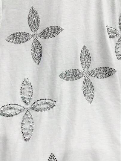 INAWLY T-shirt محبوك مزين بالراين ستون والخرز بياقة مستديرة للنساء