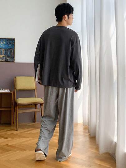 DAZY بدلة بيجاما رجالية ذات خصر مطاطي وألوان سادة، مناسبة للخريف والشتاء