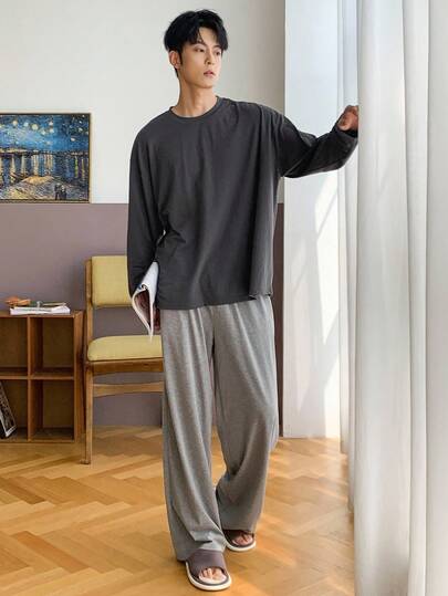 DAZY بدلة بيجاما رجالية ذات خصر مطاطي وألوان سادة، مناسبة للخريف والشتاء