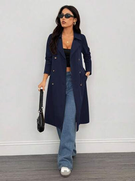 SHEIN PETITE معطف طويل أنيق بأكمام طويلة للنساء، مناسب للشتاء وليلة رأس السنة والأعمال، معطف خارجي طويل للشتاء