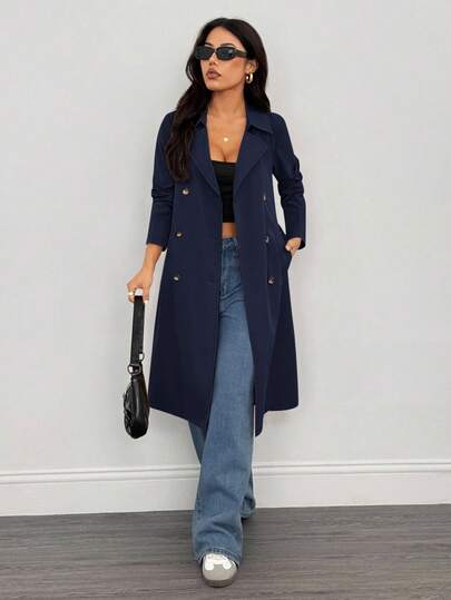 SHEIN PETITE معطف طويل أنيق بأكمام طويلة للنساء، مناسب للشتاء وليلة رأس السنة والأعمال، معطف خارجي طويل للشتاء
