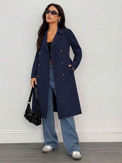SHEIN PETITE معطف طويل أنيق بأكمام طويلة للنساء، مناسب للشتاء وليلة رأس السنة والأعمال، معطف خارجي طويل للشتاء