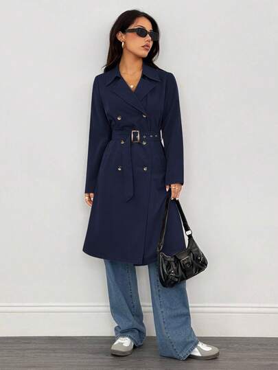 SHEIN PETITE معطف طويل أنيق بأكمام طويلة للنساء، مناسب للشتاء وليلة رأس السنة والأعمال، معطف خارجي طويل للشتاء
