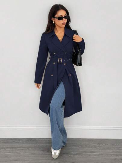 SHEIN PETITE معطف طويل أنيق بأكمام طويلة للنساء، مناسب للشتاء وليلة رأس السنة والأعمال، معطف خارجي طويل للشتاء