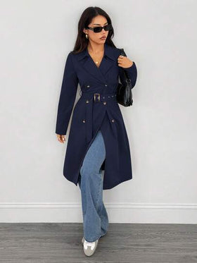 SHEIN PETITE معطف طويل أنيق بأكمام طويلة للنساء، مناسب للشتاء وليلة رأس السنة والأعمال، معطف خارجي طويل للشتاء