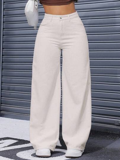 SHEIN ICON بنطلون جينز فضفاض بأرجل واسعة بلون أحادي وأزرار للنساء ذوات الحجم الكبير