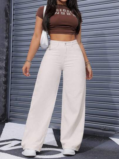 SHEIN ICON بنطلون جينز فضفاض بأرجل واسعة بلون أحادي وأزرار للنساء ذوات الحجم الكبير