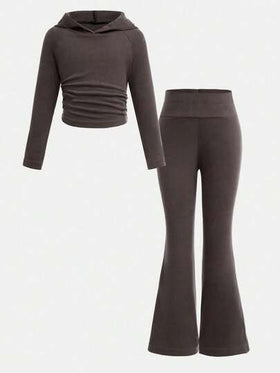 SHEIN مجموعة بنطال متسع وهوديي رياضي أنيق وعصري مطابق للجميع، لون رمادي, قطعتان