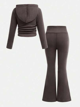SHEIN مجموعة بنطال متسع وهوديي رياضي أنيق وعصري مطابق للجميع، لون رمادي, قطعتان