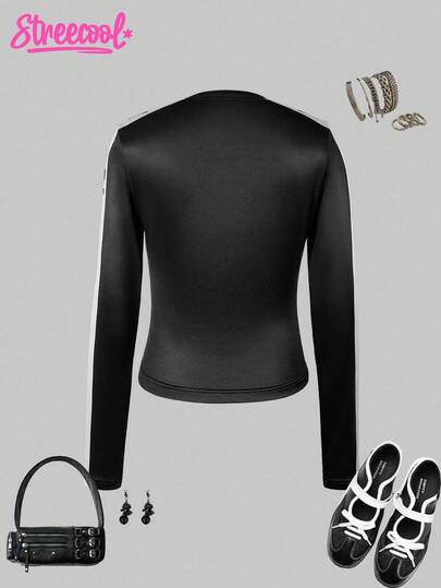 SHEIN Explorewe قميص رياضي بأكمام قصيرة مريح وبتصميم مبسط مع رسومات حرفية كاجوال أمريكي كلاسيكي للمراهقات
