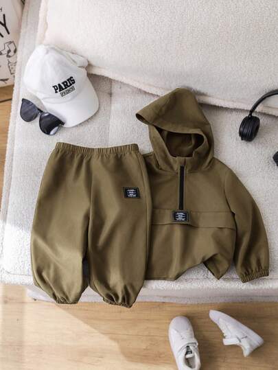 SHEIN طقم ملابس كاجوال رياضي للخريف لطفل ولد، قميص ثقيل بقبعة أخضر جيش وبنطال خصر مطاطي 2قطعة