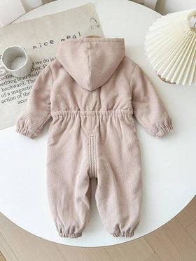 SHEIN جمبسوت رضيع بنات خارجية بنمط الحمولة مع قلنسوة من الفليس، جمبسوت رضيع كاجوال مع سحاب للخريف/الشتاء، ملابس رضيع بنات شتوية، معطف/جمبسوت رضيع بنات للخريف